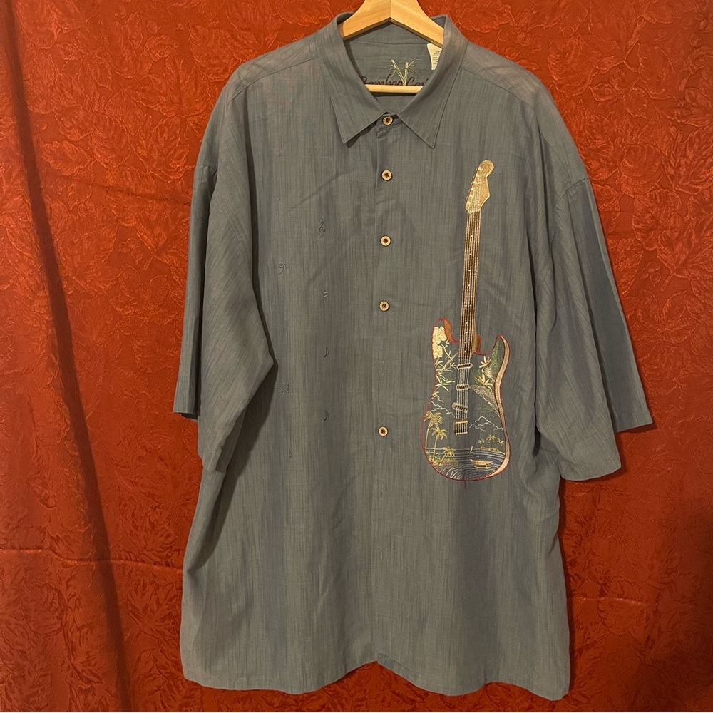 Bamboo Cay Men's Rock Alone Tropical Style Guitar Embroidered Button Up Shirt 3X